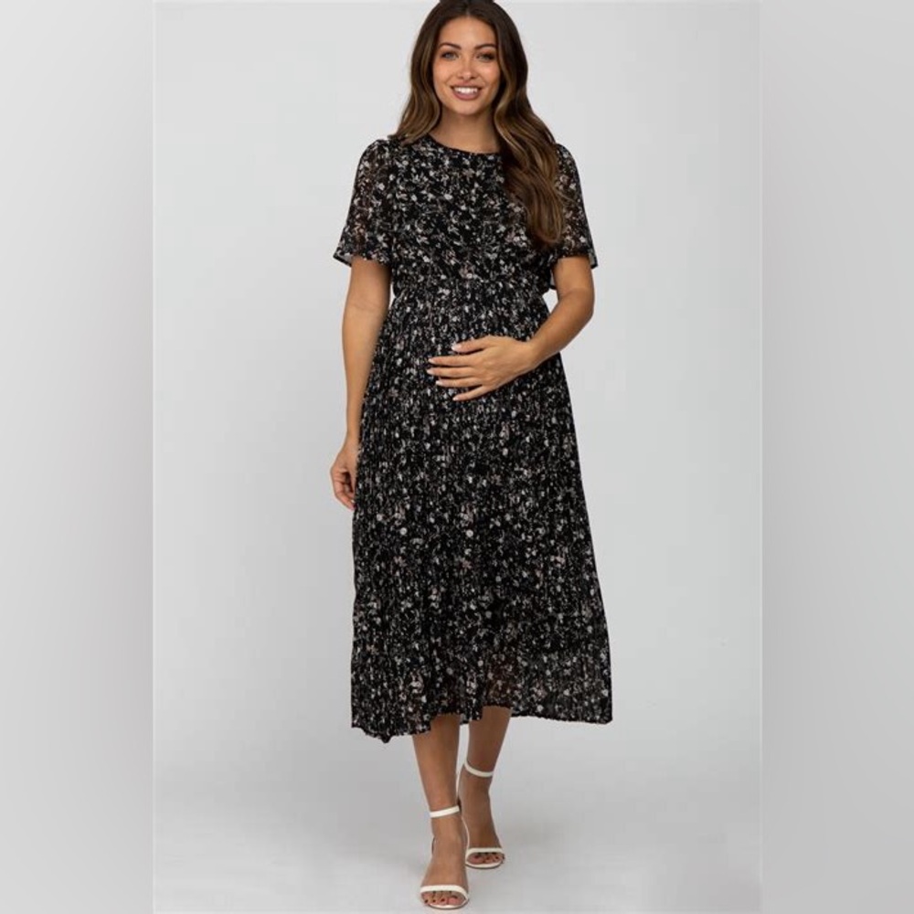Floral Black Maternity Midi Dress